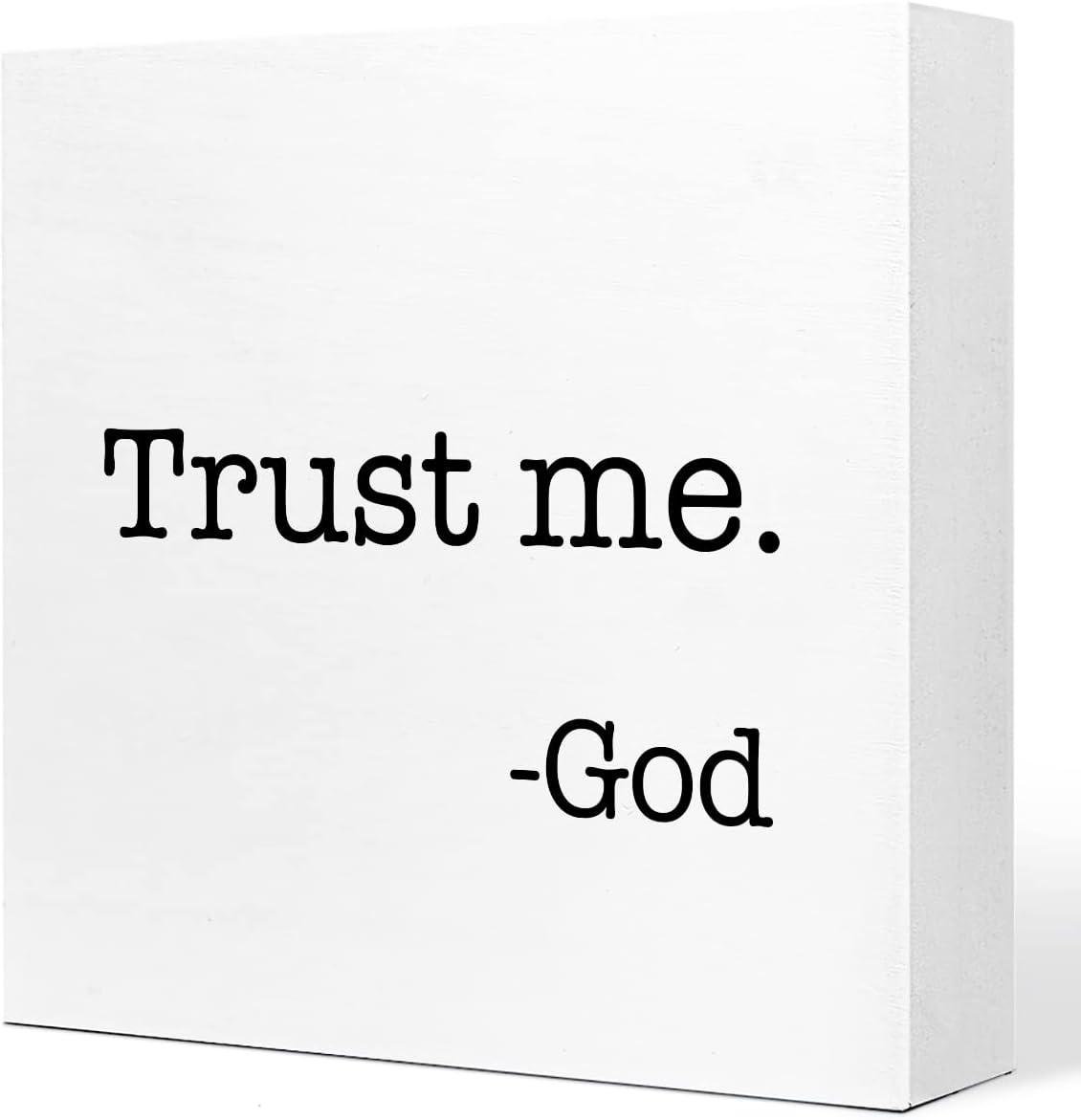 Trust Me God Wooden Sign Desk Decor,Inspirational Christian Wood Block Sign Desk Decorations for Christian Home Bedroom Girls Room Office Shelf Table Decor 5*5 inch