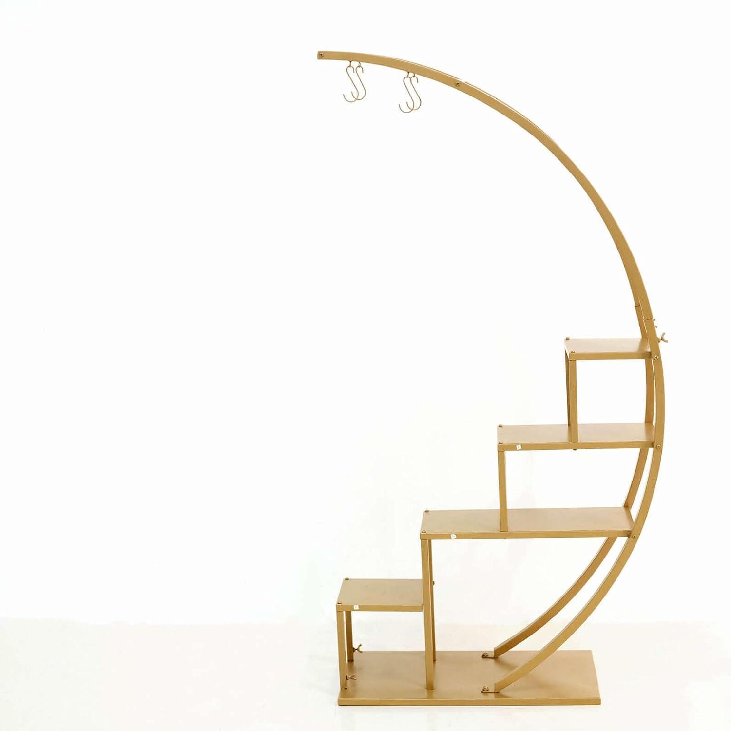 Efavormart 4.5ft Gold Metal 4-Tier Half Moon Plant Shelf Rack With Hanging Hooks, Cupcake Dessert Display Stand