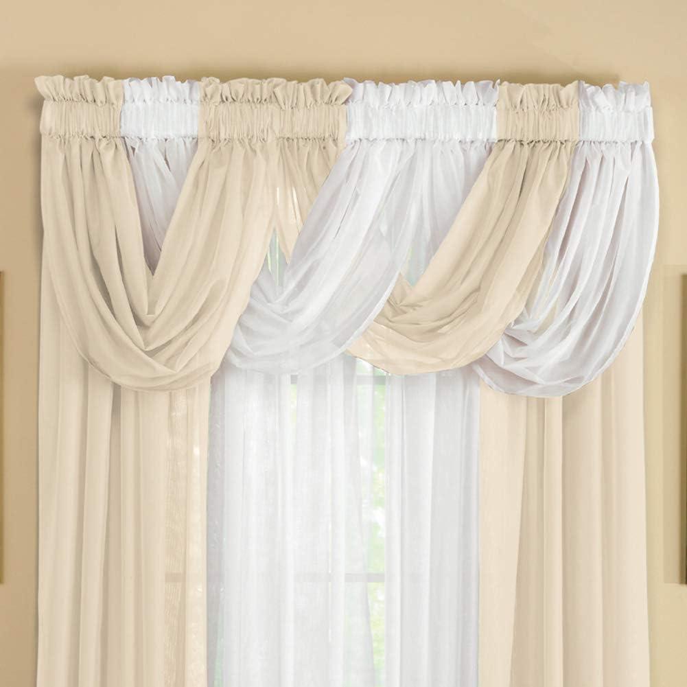 Collections Etc Scoop Two-Piece Rod Pocket Solid-Colored Sheer Valances for Windows, Decorative Accent and Added Privacy for Any Room in Home, Cream