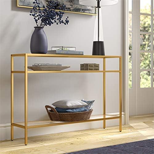 Siviline Brass Finish Steel Frame Console Table with Glass Shelves