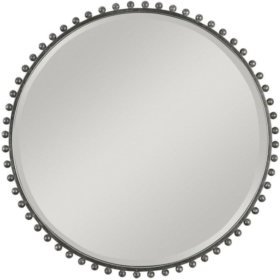 Taza 32" Round Distressed Black and Silver Modern Wall Mirror