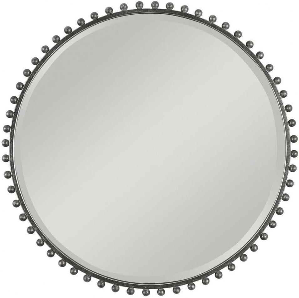 Uttermost Round Vanity Accent Wall Mirror Industrial Beveled Distressed Black Gray Glaze Iron Frame 32" Wide for Bathroom Bedroom