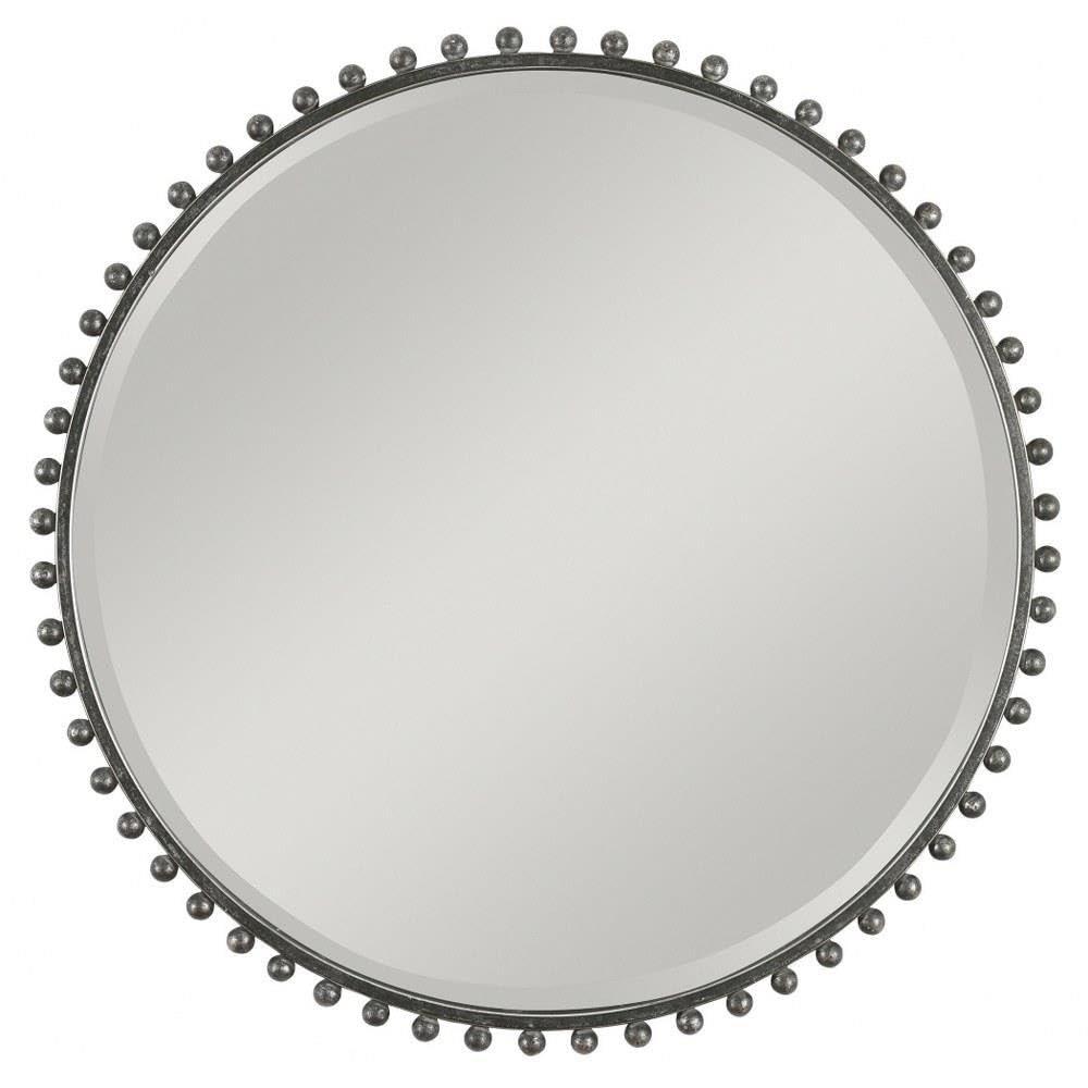 Uttermost Round Vanity Accent Wall Mirror Industrial Beveled Distressed Black Gray Glaze Iron Frame 32" Wide for Bathroom Bedroom