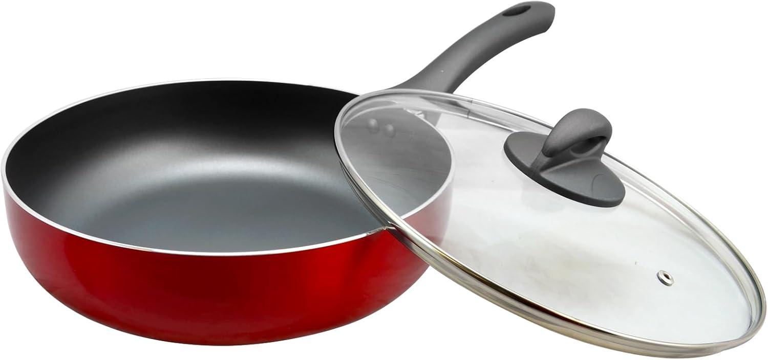 Red Non-Stick Aluminum Saute Pan with Lid, 10 Inches