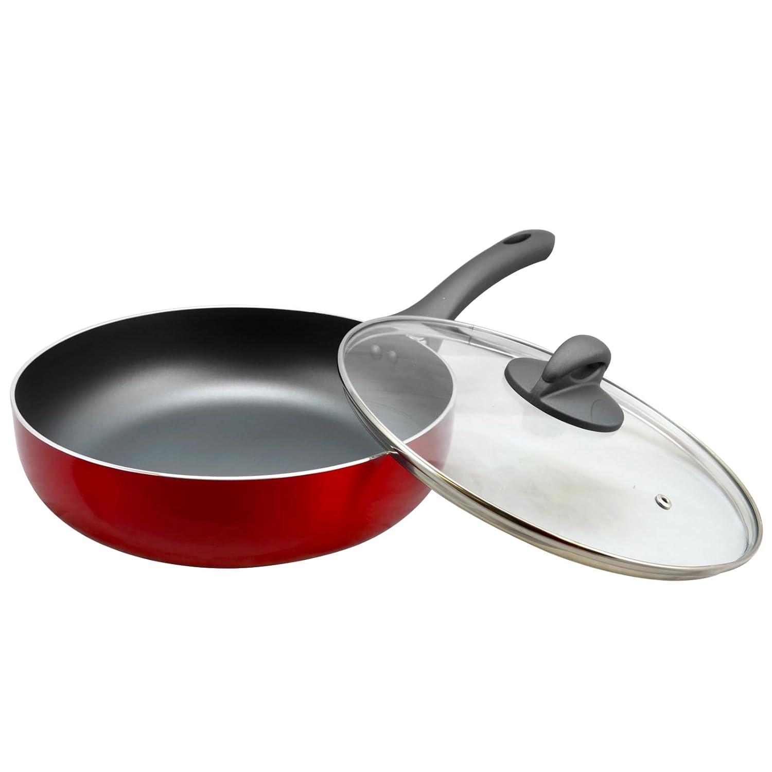 Oster Herscher 3.5 Qt Non-Stick Aluminum Saute Pan with Lid, Tanslucent Sauce, Translucent Red