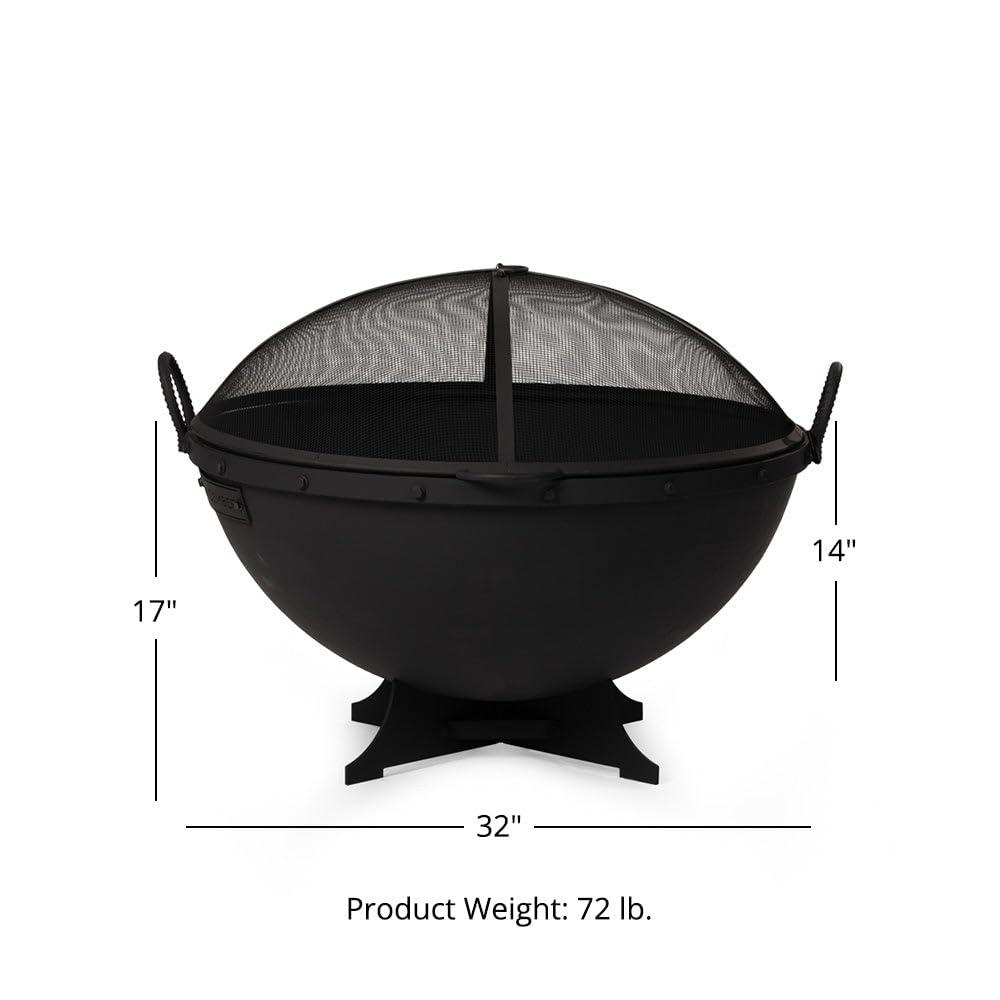 Ash & Ember 32" Hemisphere Fire Pit with Screen and Poker, Cast Iron High-Temperature Black Paint Fire Bowl, Wood Burning Backyard Fireplace, Portable Outdoor Firepit