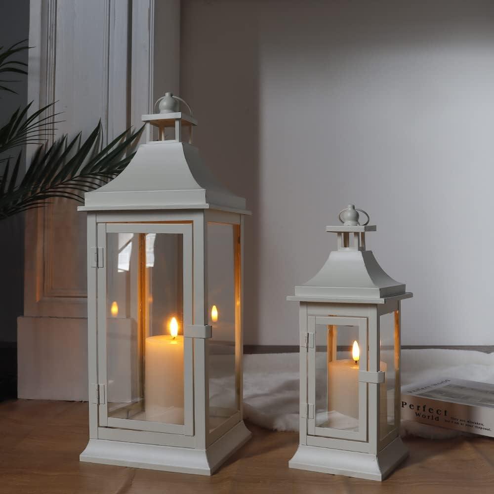 White Metal and Glass Tabletop Hanging Candle Lantern Set