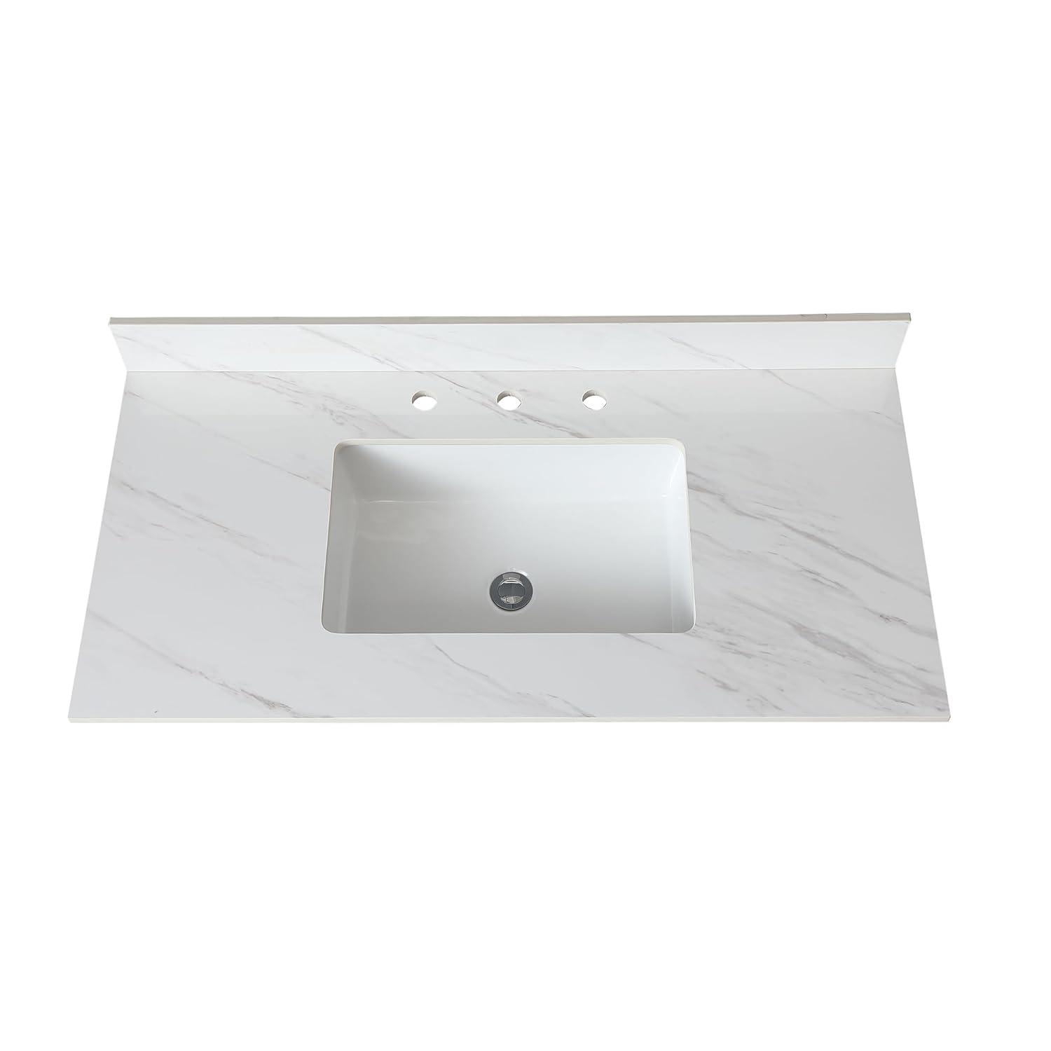 Tech Cube 43 Inch Marble Vanity Top, White Vanity Top With Pre-Drilled Faucet Holes, Bathroom Vanity Top With Undermount Rectangular Middle Sink And 4" Height Backsplash,  Bianco Carrara Venato TCYX14547A