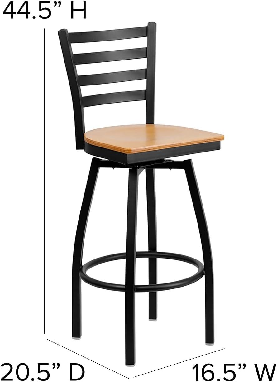 Flash Furniture HERCULES Series Black Ladder Back Swivel Metal Barstool - Natural Wood Seat