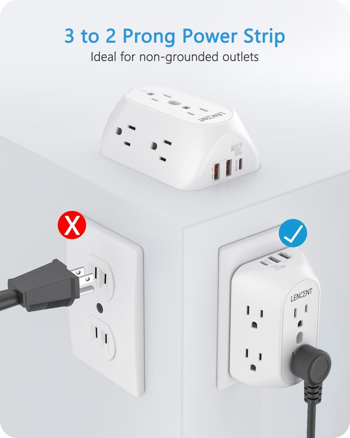 LENCENT 2 Prong Power Strip,3 to 2 Prong Grounding Outlet Adapter 6 Outlet PD20W &2 USB A Port,1728J Surge Protector, 3-Sided Wide Spaced Extender, Polarized Plug,Wall Mount for Non-Grounded Outlet