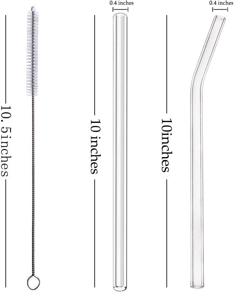 8-Pack Clear Glass Smoothie Straws, 10mm Wide 10" + 9 " Long Reusable Drinking Straws with 2 Cleaning Brush
