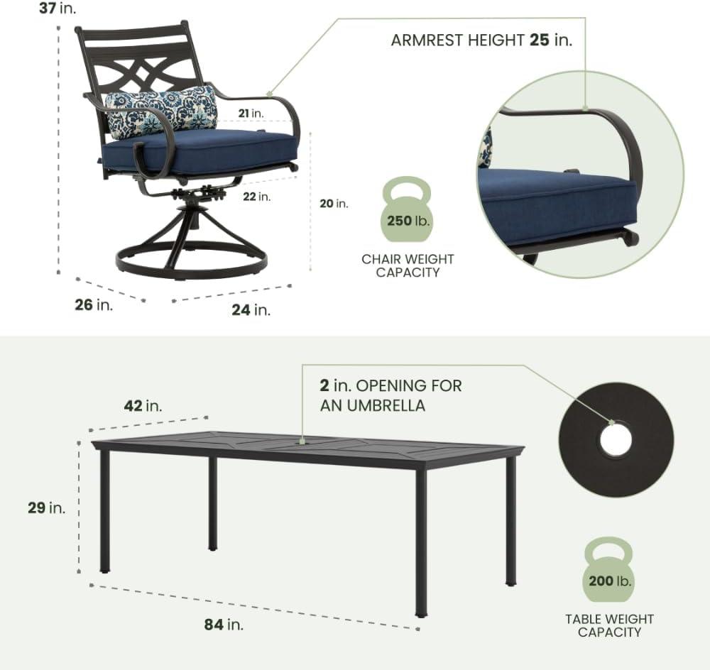 Hanover Montclair 9-Piece All-Weather Outdoor Patio Dining Set, 8 Swivel Rocker Chairs with Comfortable Seat and Lumbar Cushions, 84"x42" Stamped Rectangle Table, MCLRDN9PCSW8-NVY