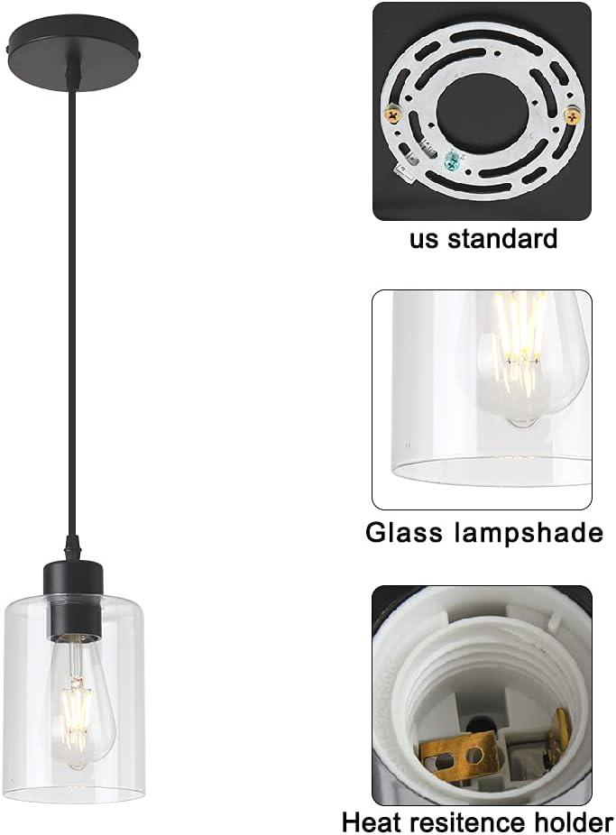 Modern Black Farmhouse Clear Glass Cylinder Pendant Light Fixture,Island Lights for Kitchen,Mini Pendant Lighting for Kitchen Island Decor - 4.75 Inch Shade, 2-58 Inch Cord