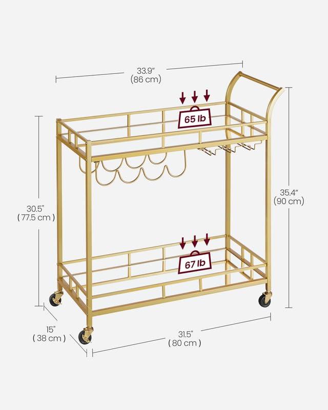 VASAGLE Bar Cart Gold, Home Bar Serving Cart, Wine Cart with 2 Mirrored Shelves, Wine Holders, Glass Holders, for Kitchen, Dining Room, Gold ULRC092A62