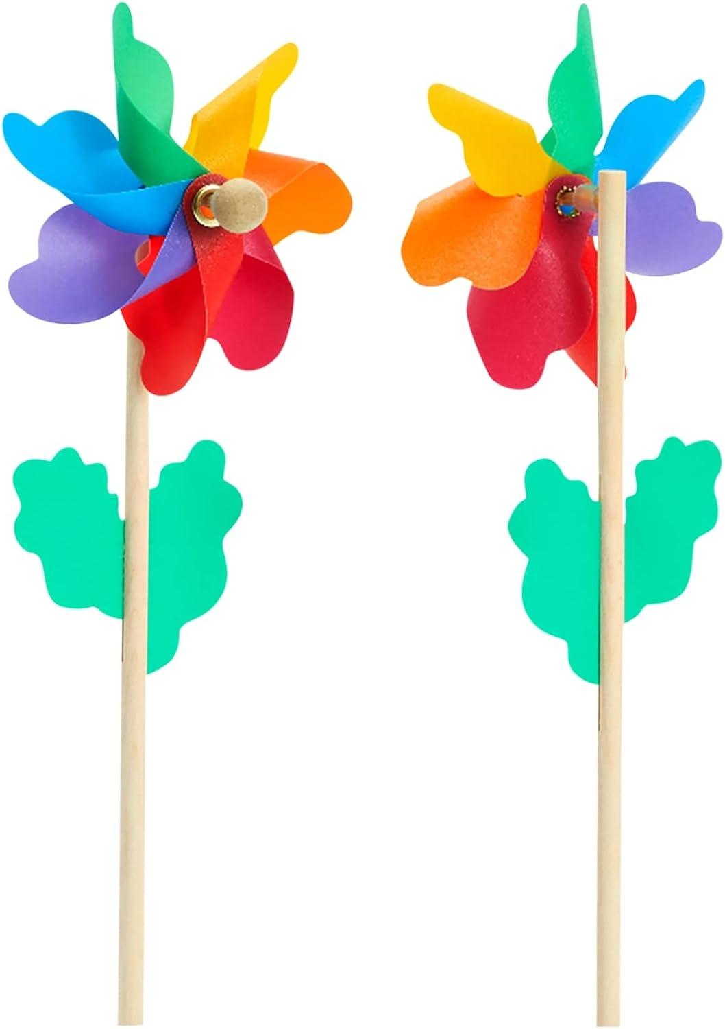 Blue Panda 12-Pack Rainbow Flower Pinwheels for Yard and Garden - Wind Spinners and Outdoor Party Favors for Kids