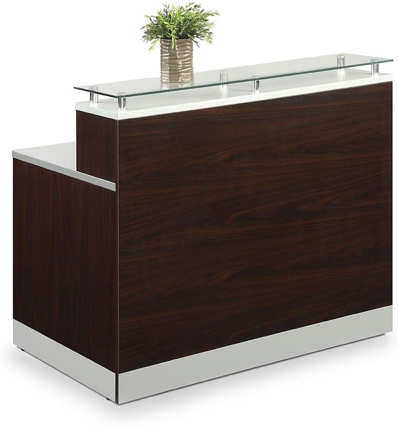 NBF Signature Series Esquire Reception Desk Glass Top, Driftwood Silver Laminate Desk 48”Wx32”D