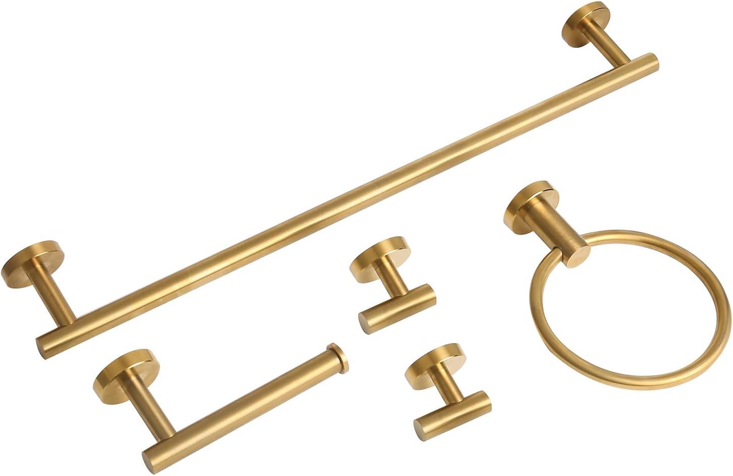 Brushed Gold Bathroom Hardware Set 5 Piece, SUS304 Stainless Steel Bath Towel Bar Set, 24 Inch Bathroom Accessories Kit Wall Mounted