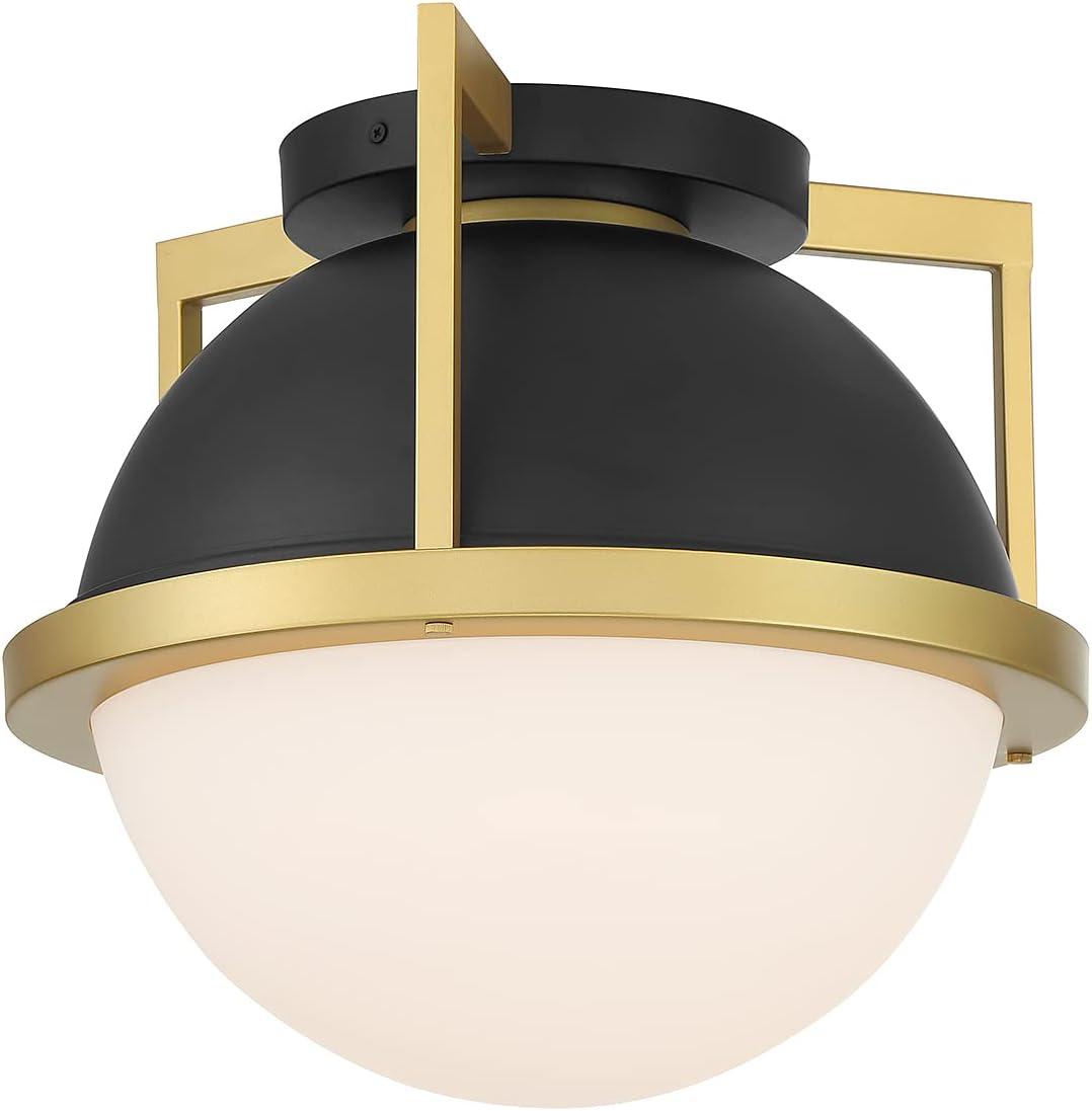 Matte Black and Warm Brass Globe Ceiling Light with Opal Glass Shade