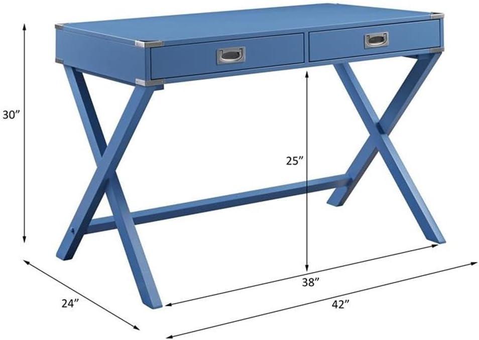 ACME Amenia Wooden Rectangular 2-Drawer Writing Desk with X-Shaped Base in Blue