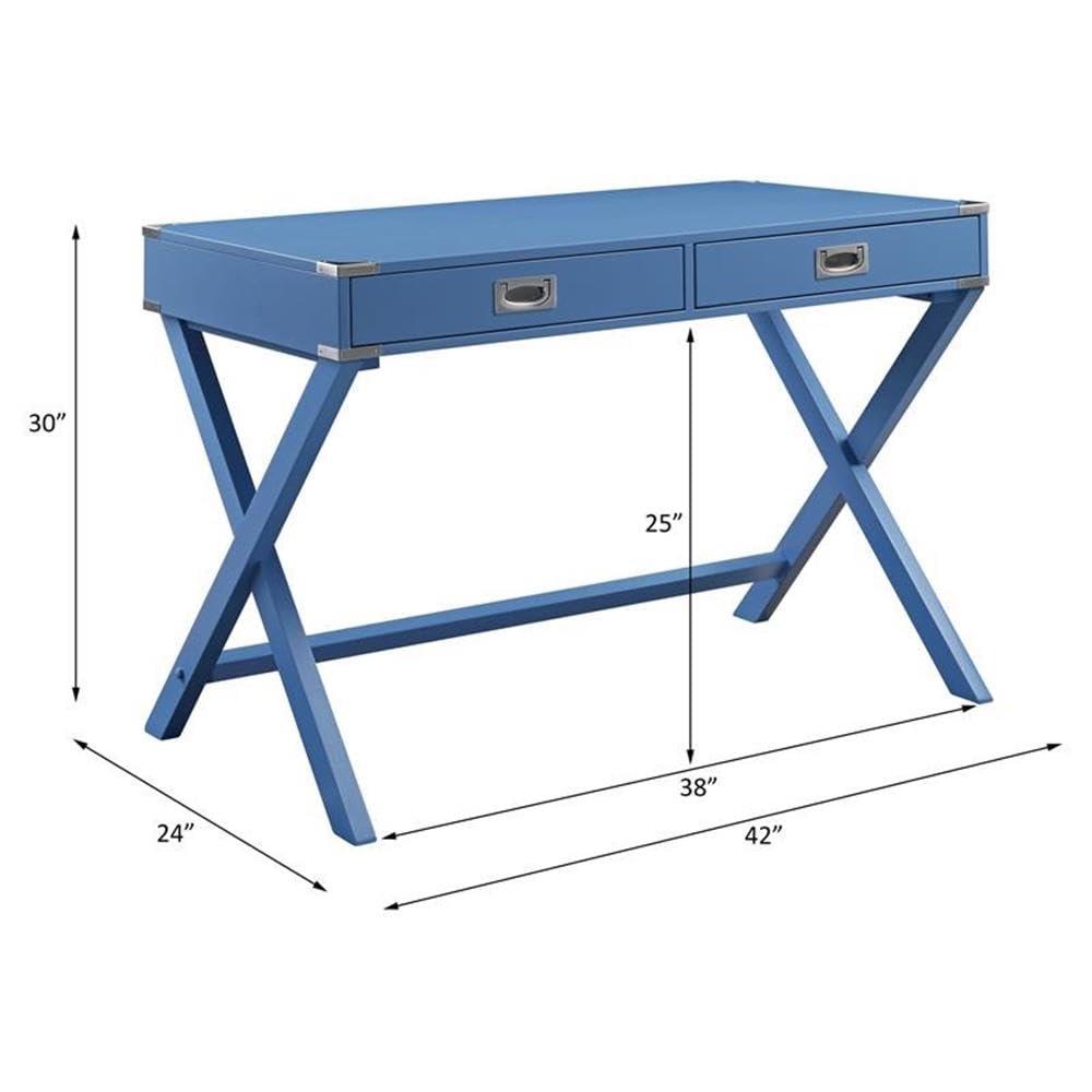 ACME Amenia Wooden Rectangular 2-Drawer Writing Desk with X-Shaped Base in Blue