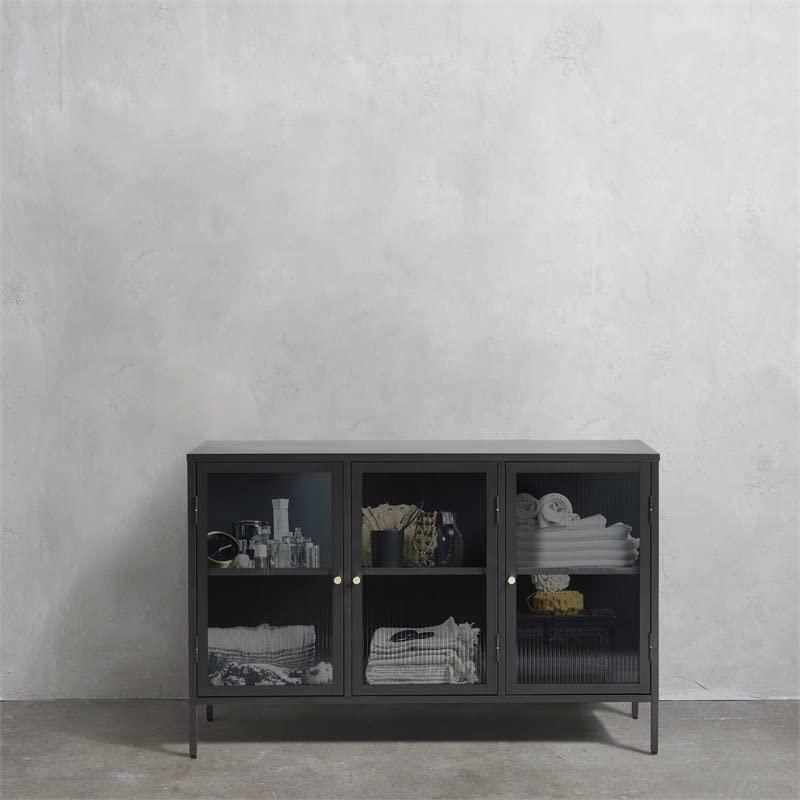 Refined Modern Black and Gold Metal Sideboard with Glass Panel Doors