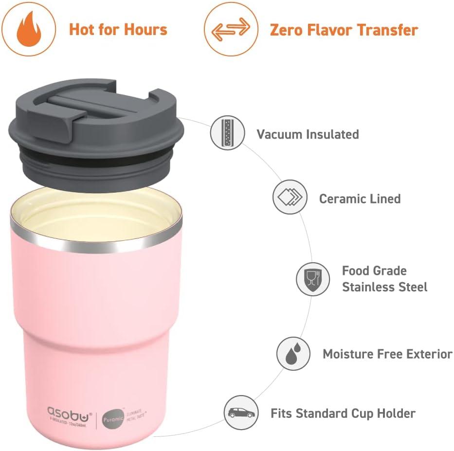Asobu Ultimate Stainless Steel Ceramic Inner Coating Coffee Mug with Double Walled Copper Lining Insulation, 12 Ounces - (Pink)