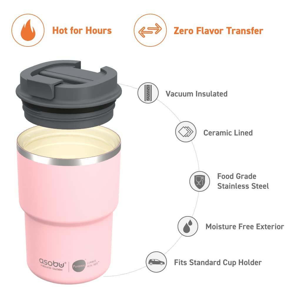 Asobu Ultimate Stainless Steel Ceramic Inner Coating Coffee Mug with Double Walled Copper Lining Insulation, 12 Ounces - (Pink)