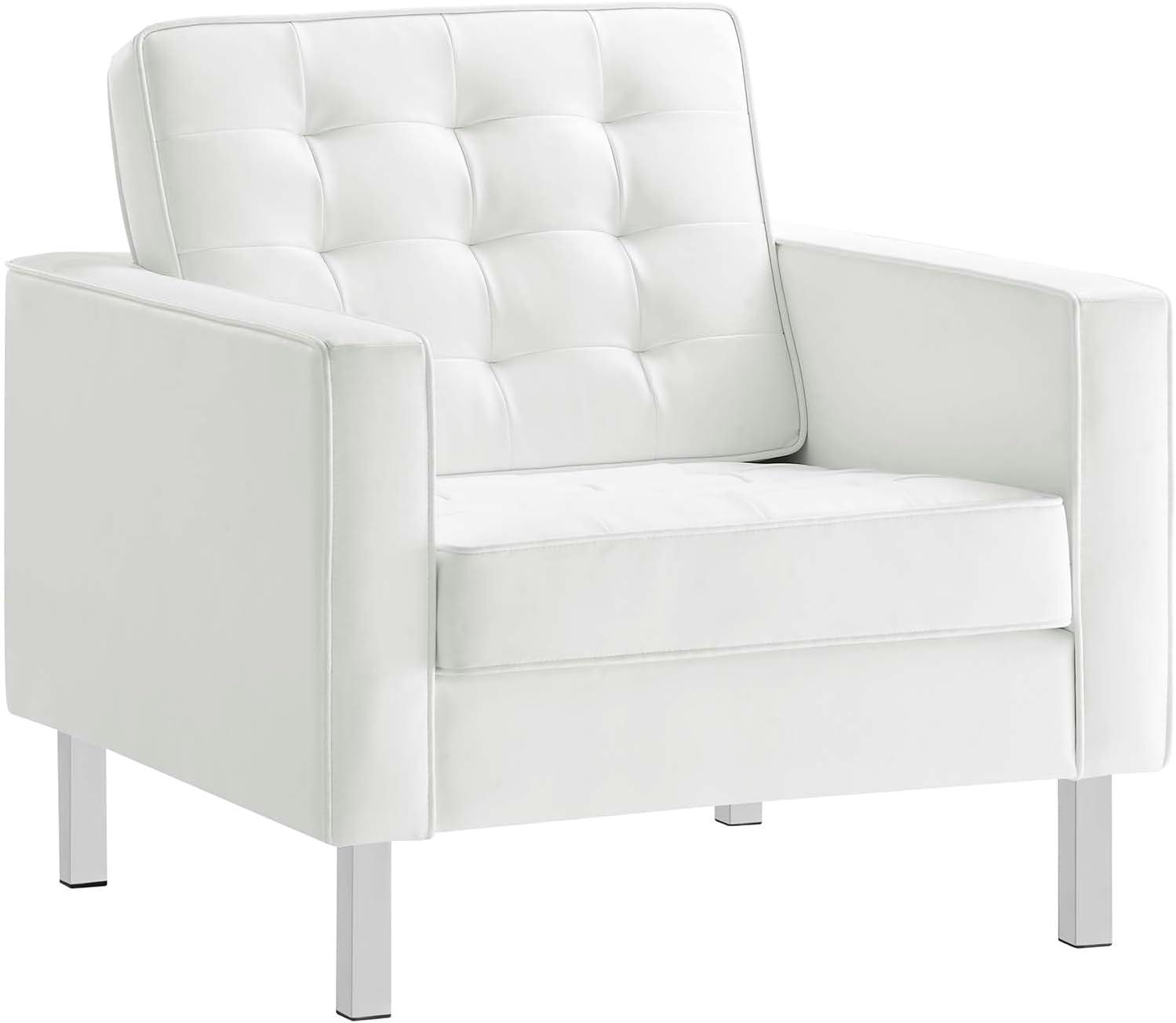 Modway Loft Tufted Vegan Leather Upholstered Living Room Armchair in Silver White