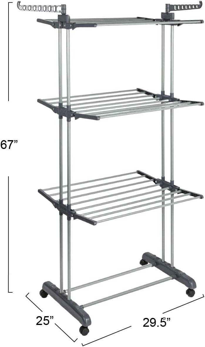 Household Essentials 4 Tier Stainless Steel Laundry Drying Rack with Two Side Wings, Grey