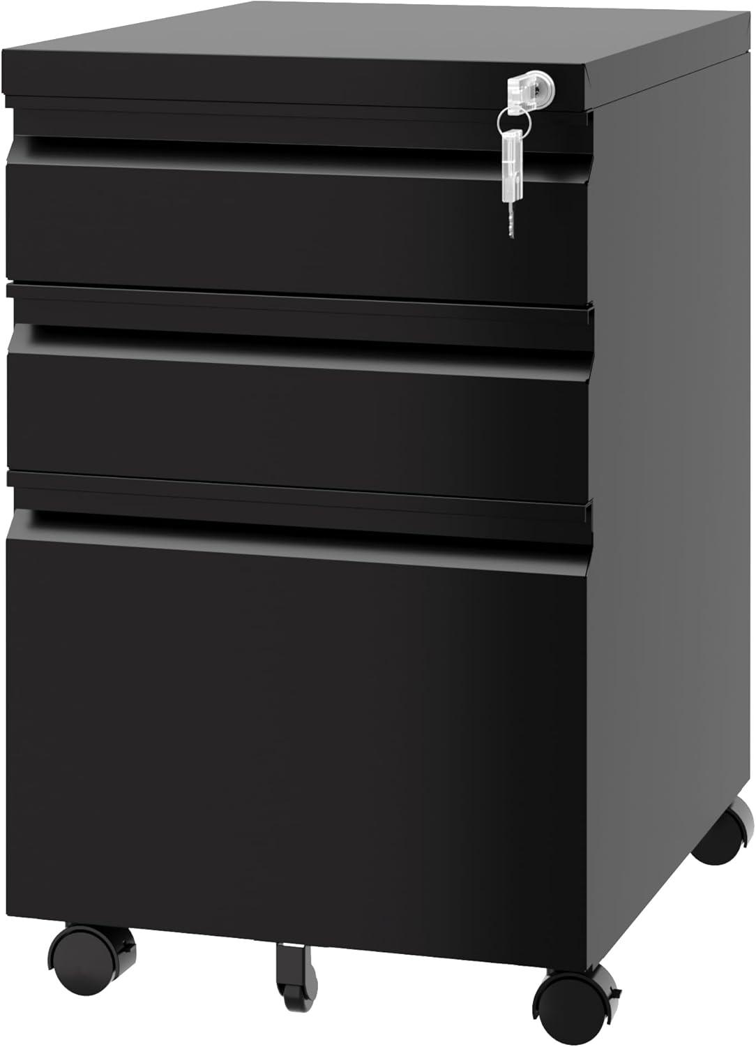 Letaya 3 Drawer Mobile File Cabinet with Lock,Under Desk Metal Filing Cabinets for Home Office Organizer Letters/Legal/A4(Requires Installation-Black)