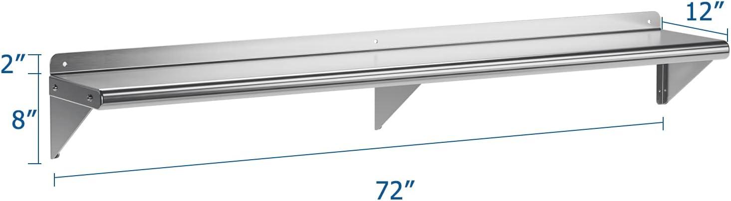 Silver Stainless Steel 12" x 72" Wall Mount Shelf with Backsplash