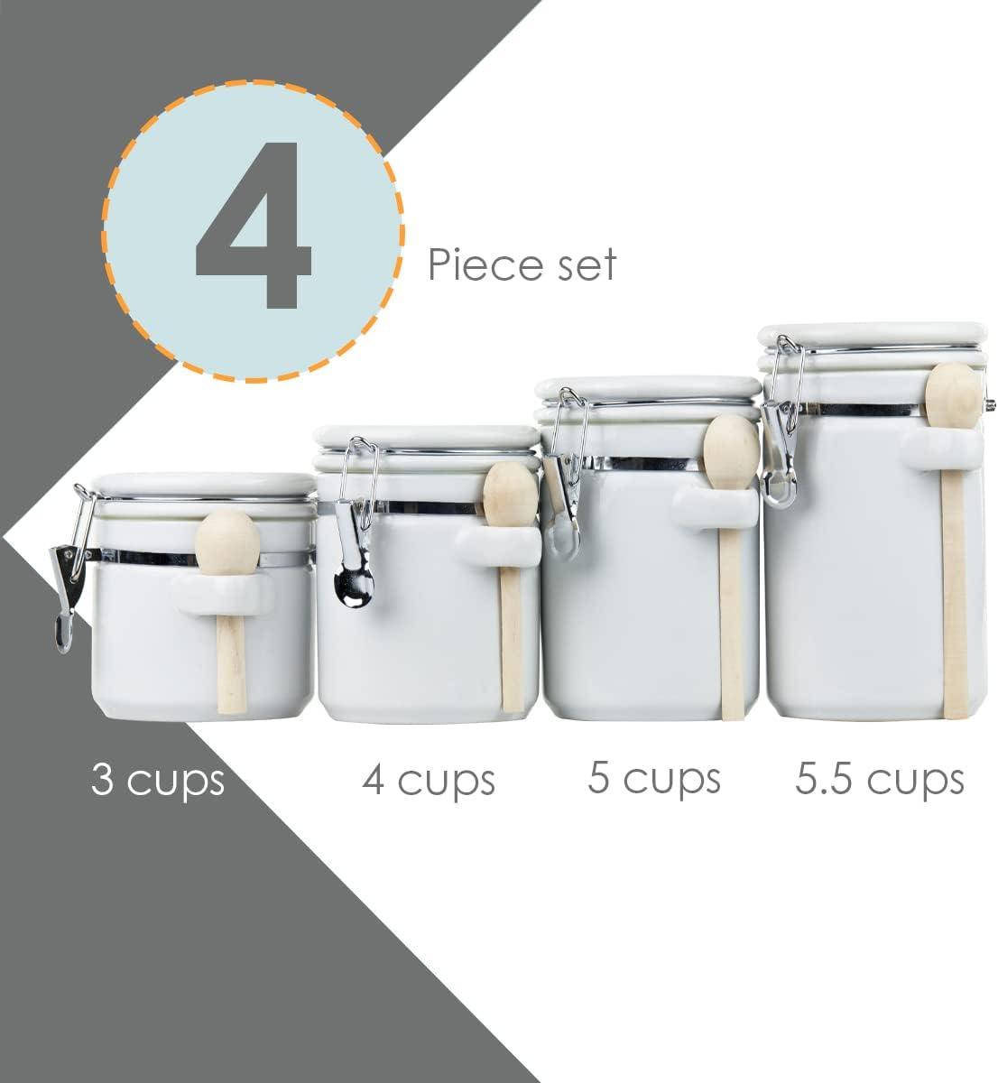 Canister Sets For The Kitchen (4 Piece Set) White, High Gloss Ceramic | By Home Basics | Decorative| With Wooden Spoons, Countertop Set For Flour, Sugar, Coffee, and Snacks