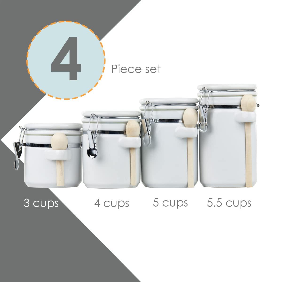 White Ceramic Canister Set with Wooden Spoons and Flip Top Lid