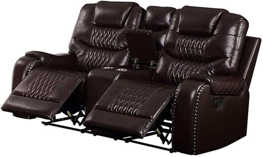 78" Braylon Active Sitting Chair Brown PU - Acme Furniture: Loveseat with Console & Cup Holders