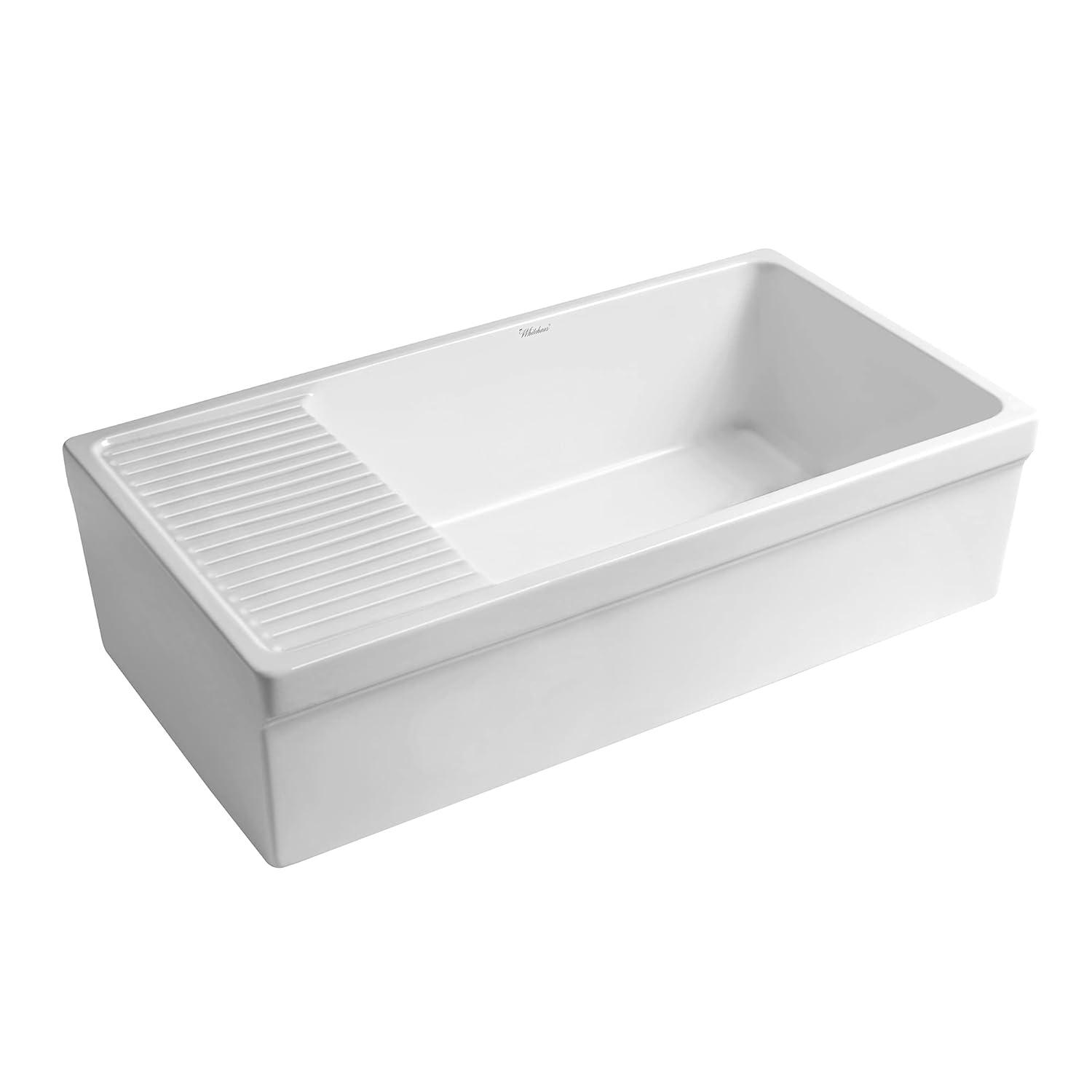 Whitehaus Collection 36” Single Bowl Fireclay Kitchen Sink: Integral Drainboard, Lip Front Apron