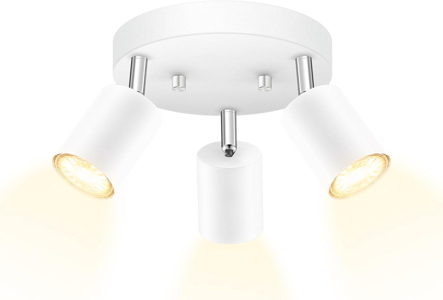 LED 3 Light Track Lighting Kit, LED Track Lighting Fixtures, White Round Ceiling Spot Lighting, Flexibly Rotatable Light Head for Kitchen, Living Room, Bedroom, GU10 Bulb Not Included