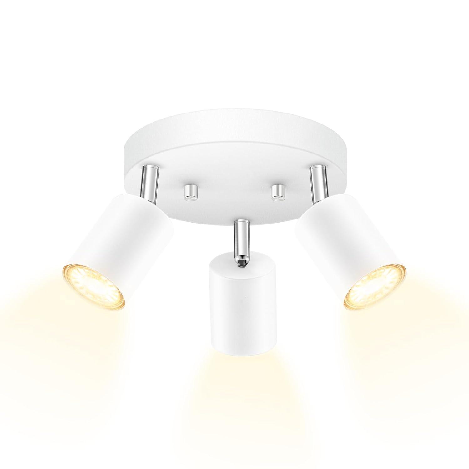 LED 3 Light Track Lighting Kit, LED Track Lighting Fixtures, White Round Ceiling Spot Lighting, Flexibly Rotatable Light Head for Kitchen, Living Room, Bedroom, GU10 Bulb Not Included