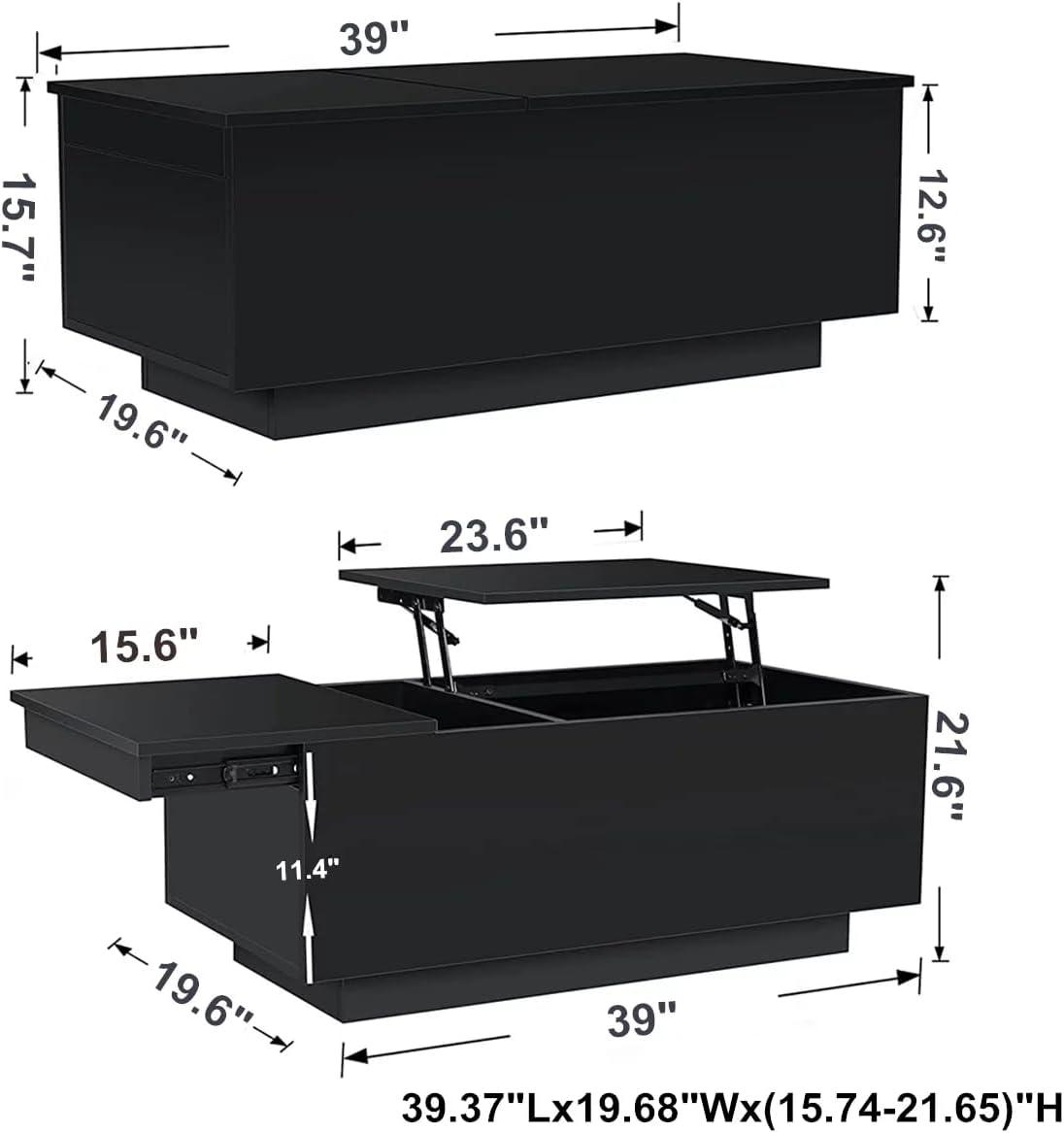 Hommpa LED Coffee Table with USB Ports and Outlets Lift Top Coffee Tables with Storage High Gloss Black Rectangular Modern Center Table for Living Dining Room