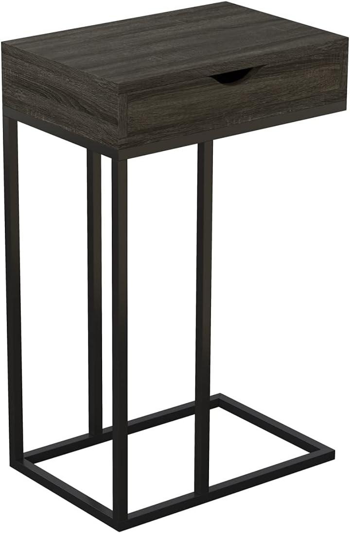 Modern Rectangular Grey Wood Black Metal End Table with Drawer