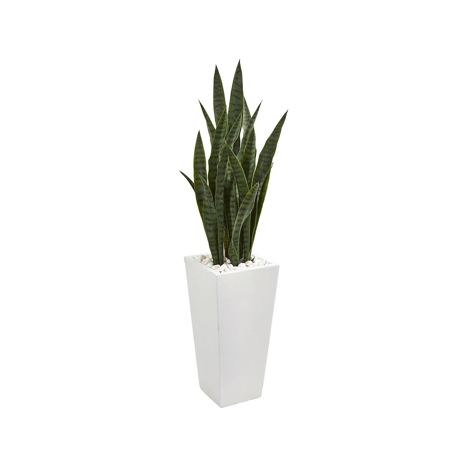 Nearly Natural 4' Plastic Sansevieria Artificial Plant in White Tower Planter, Green