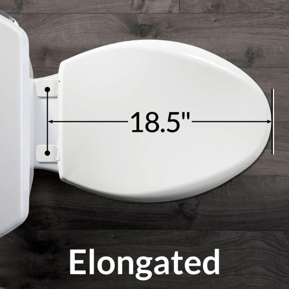 White Elongated Enameled Wood Toilet Seat with Chrome Hinges