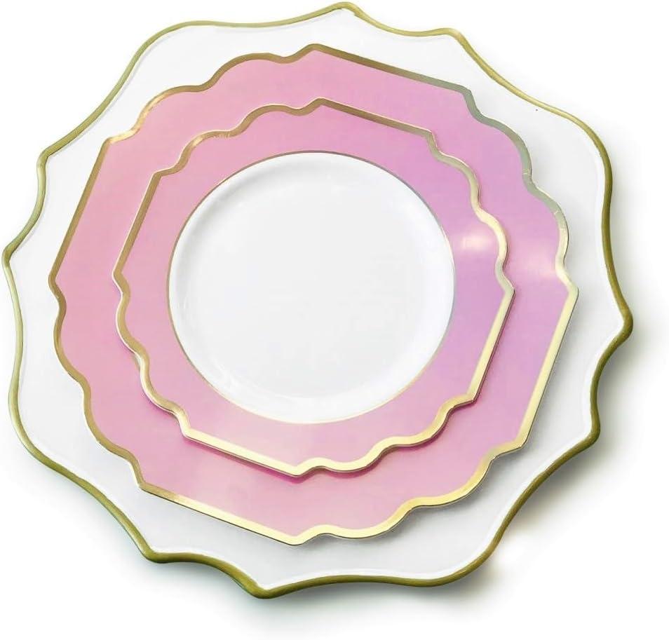 " OCCASIONS " 200 Piece set (25 Guests)-Wedding Plastic Plates & cutlery -Disposable heavyweight Dinnerware 10.5'', 8'' + Silverware + Cups + Napkins (Imperial in Rose Pink & Gold)