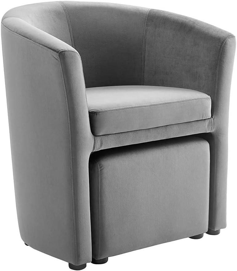 Gray Velvet and Wood Accent Chair with Ottoman