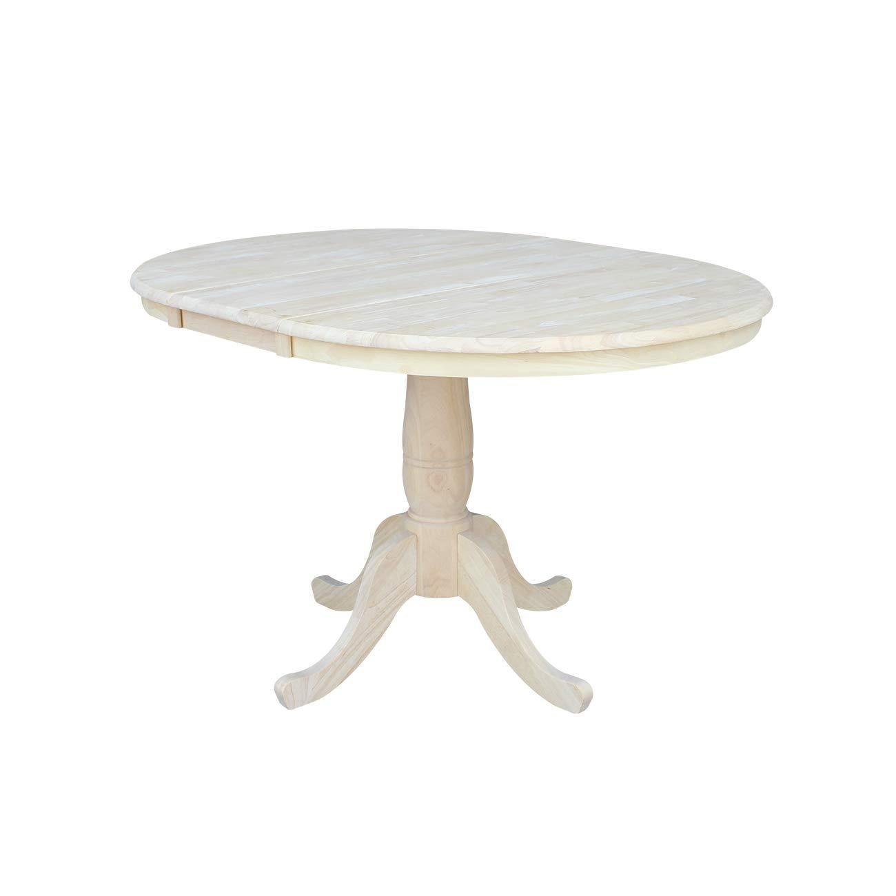 36" Round Top Pedestal Extendable Dining Table with 12" Drop Leaf Unfinished - International Concepts