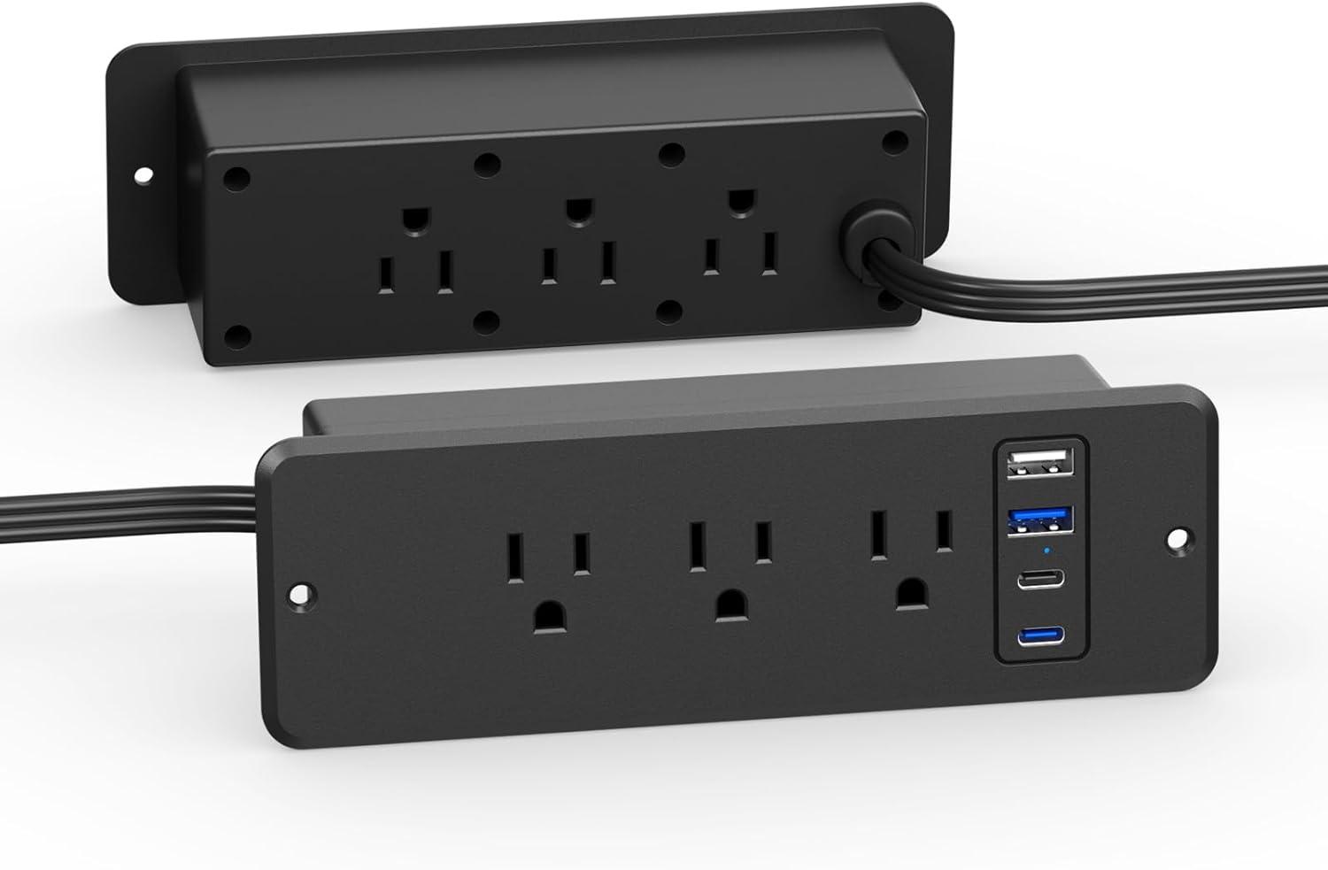 Black Recessed Power Strip with USB C Port for Desk or Table