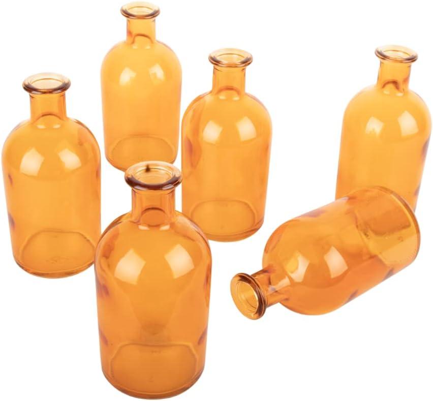 Koyal Wholesale Glass Bud Vases, Small Apothecary Bottles, Bulk Decorative Jars, Vintage Centerpieces, Amber, Set of 6