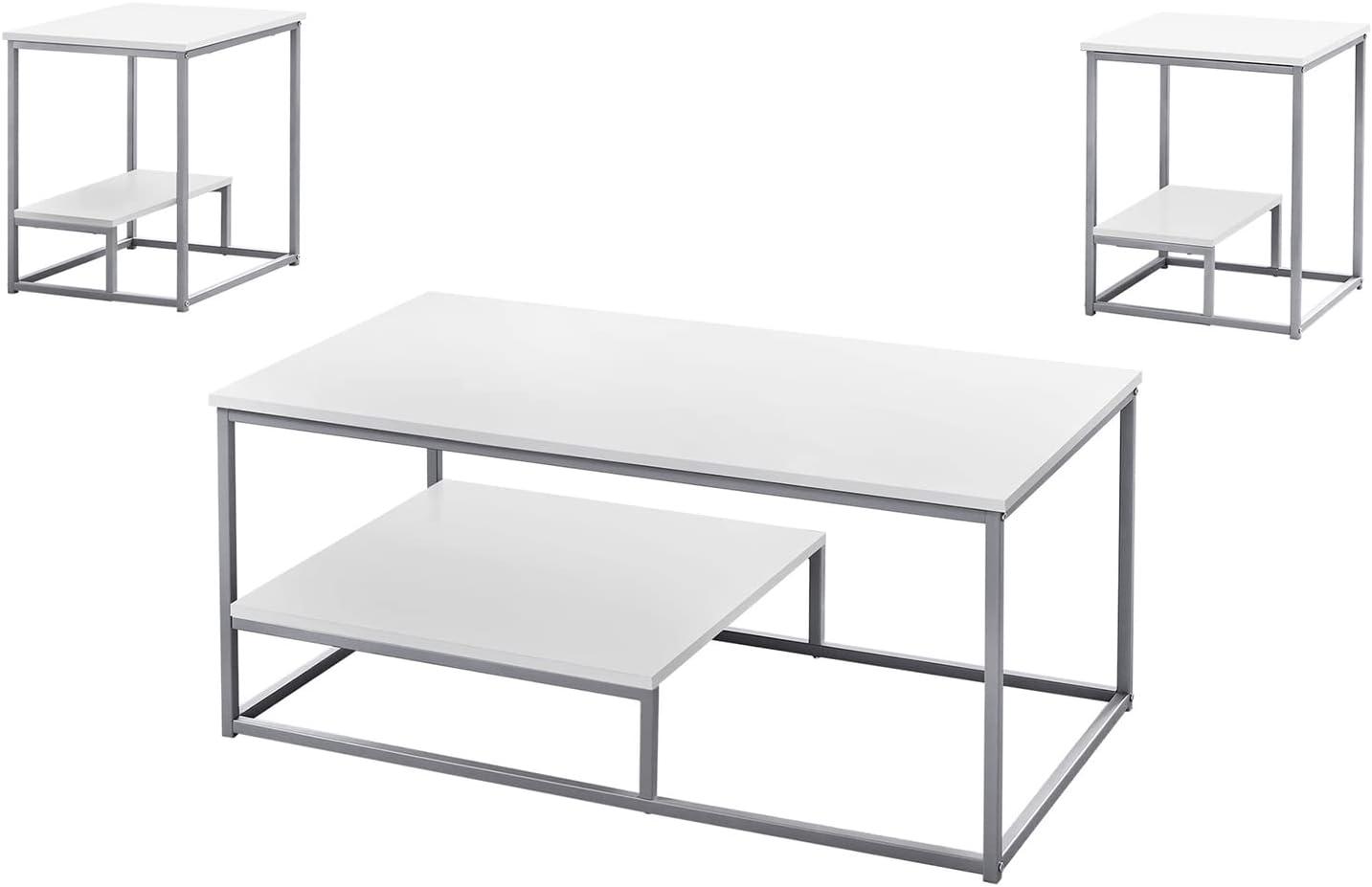 Monarch Specialties Table Set 3Pcs Set Coffee End Side Accent Living Room Metal Laminate White Grey Contemporary Modern