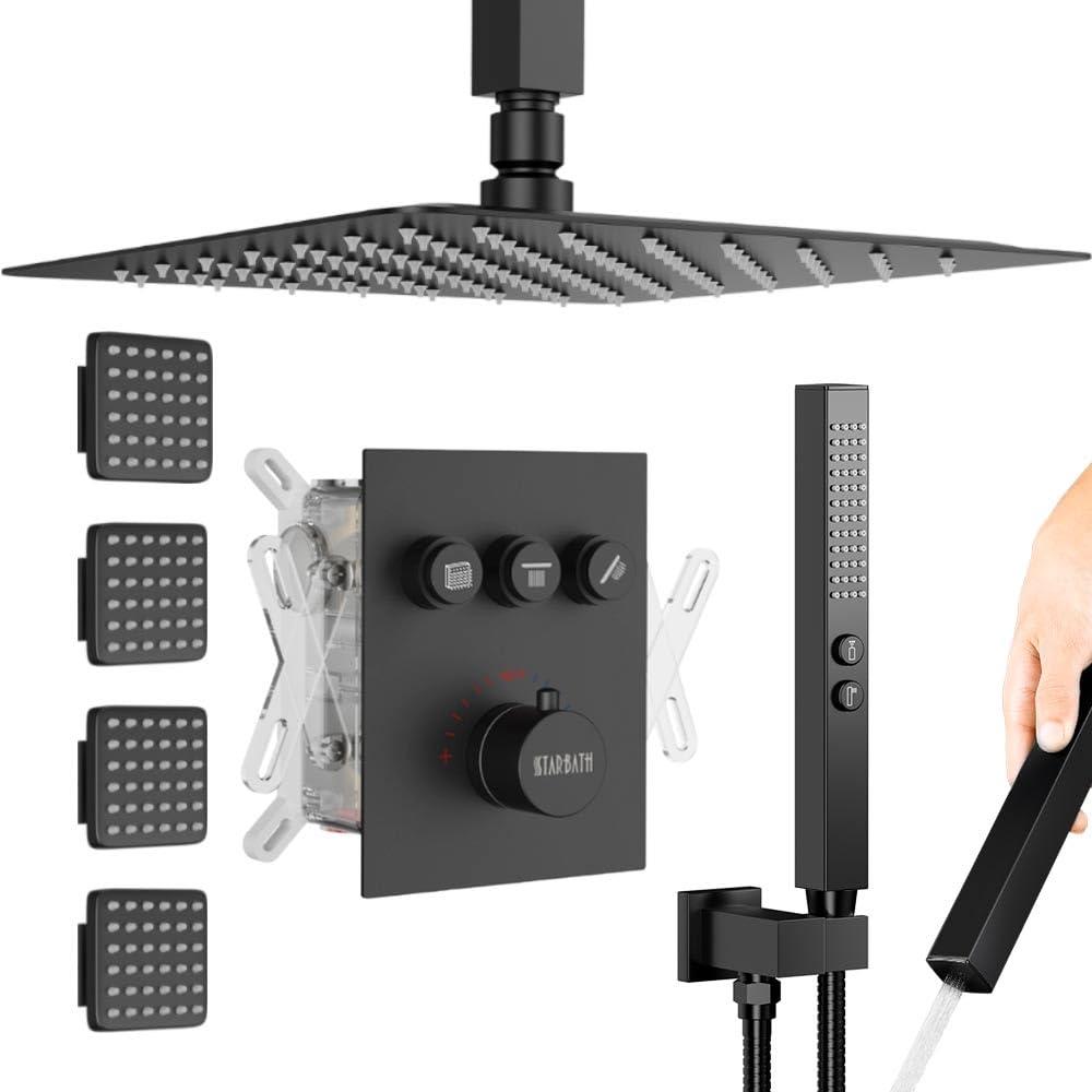 Revitalize 3-Function 12 Inch Wall Mount Rainfall Thermostatic Shower System with 6 Body Jets