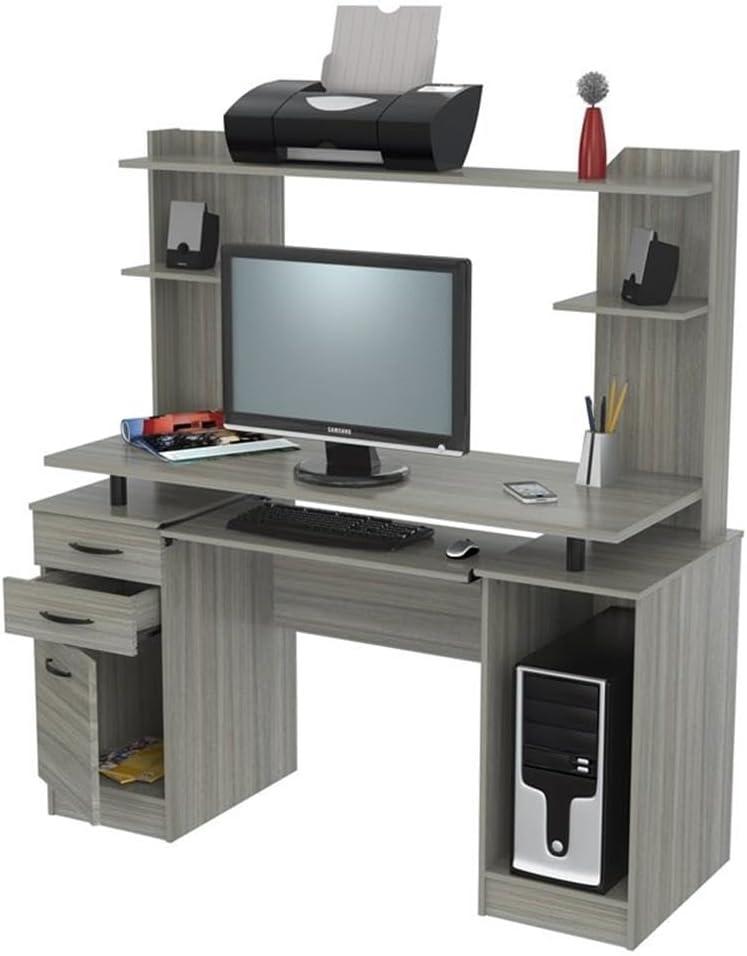 Computer Workcentre With Hutch Smoke Oak - Inval: Modern Laminate Writing Desk, MDF Frame, Open Shelf Storage