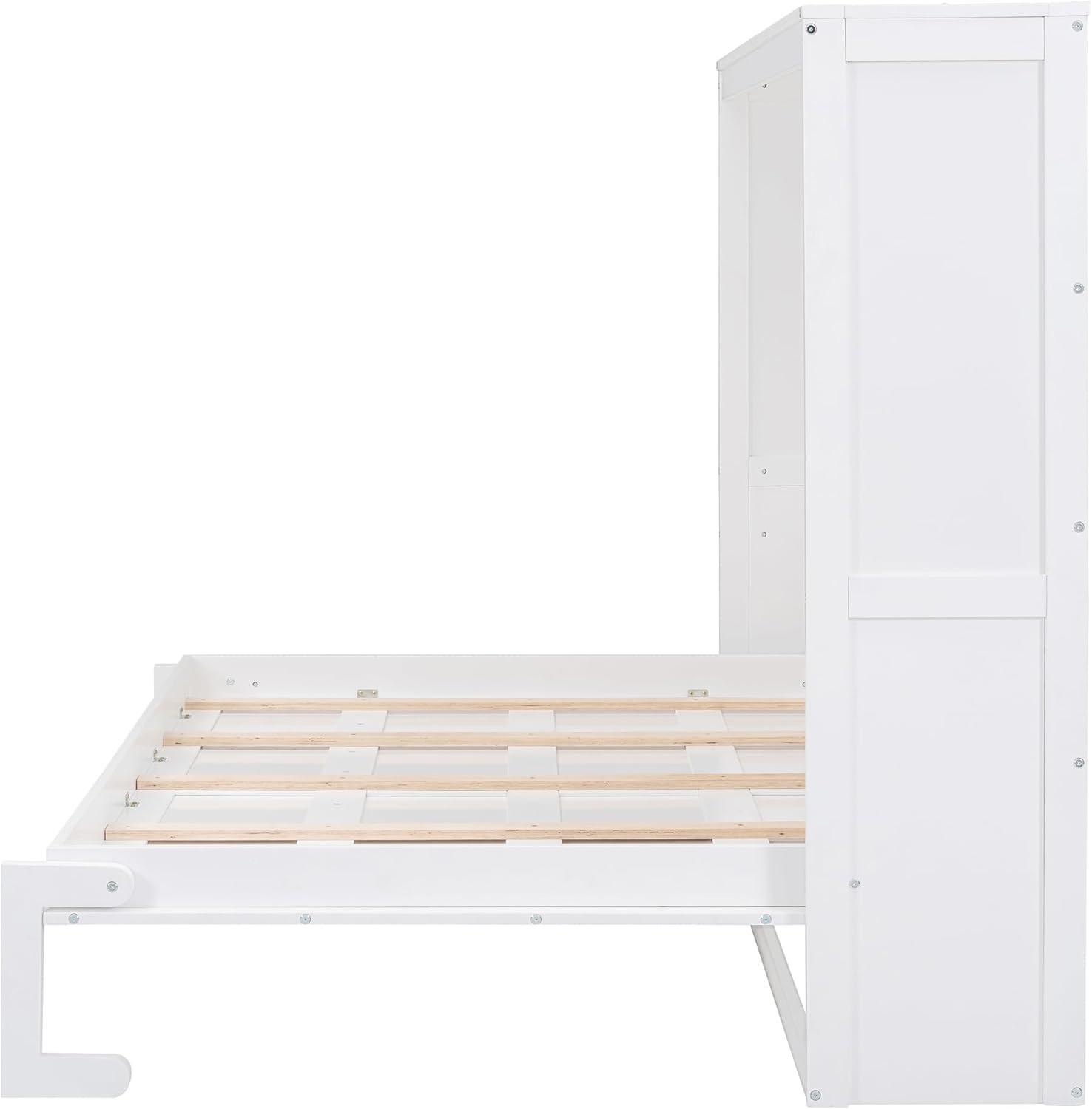 White Queen Size Murphy Bed with Slats and Drawer